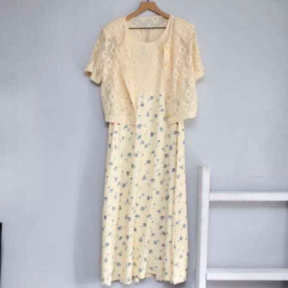 Sharade of California VTG Yellow Floral 2 Piece Cardigan Crochet Maxi Dress 14 - Picture 1 of 7
